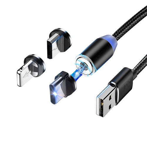 CAVO USB MAGNETIC SYSTEM FAST CHARGING 3 IN 1 CON CONNETTORI LIGHTING - TYPE C - MICRO USB NEI COLORI ROSSO-ARGENTO-NERO